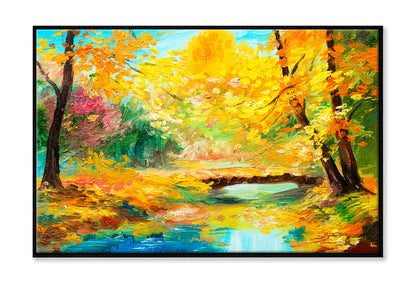 Colorful Autumn Forest With River Oil Painting Wall Art Limited Edition High Quality Print Canvas Box Framed Black