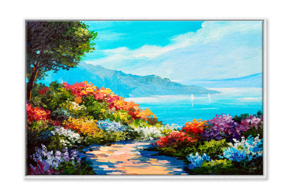 Colorful Flowers, Summer Seascape Oil Painting Limited Edition High Quality Print Canvas Box Framed White