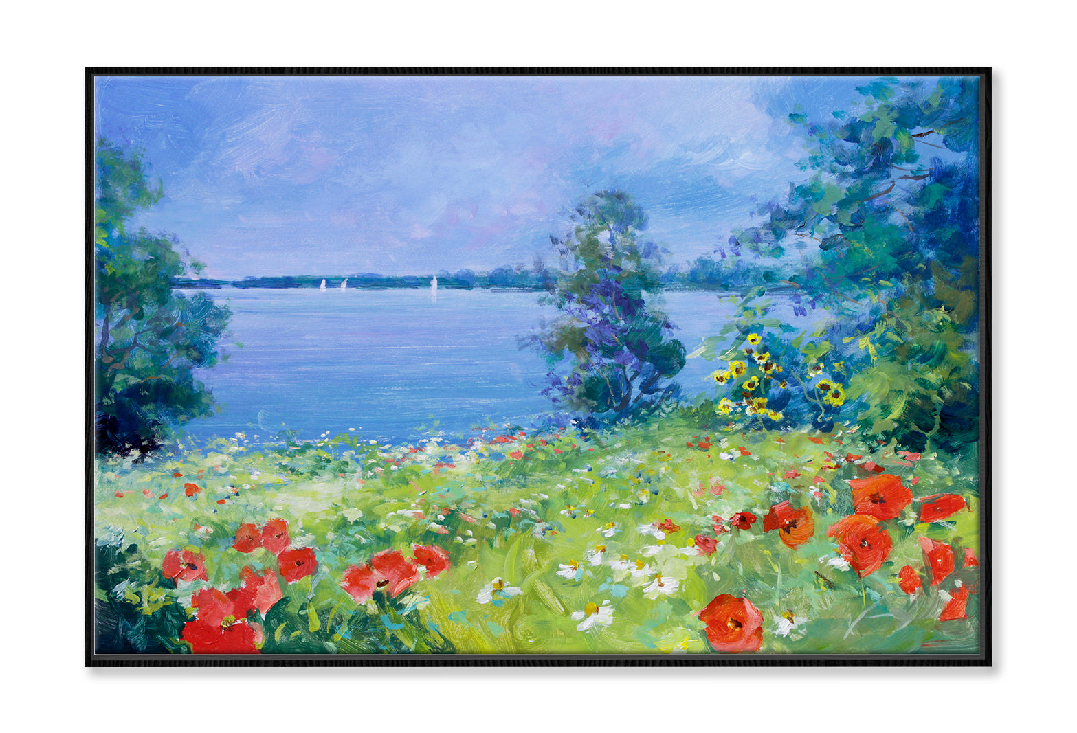 Red Poppies, White Marguerites & Sunflowers On A Summer Meadow Oil Painting Limited Edition High Quality Print Canvas Box Framed Black