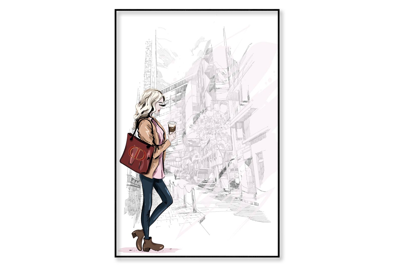 Lady With Red Bag Fashion Store Wall Art Limited Edition High Quality Print Canvas Box Framed Black