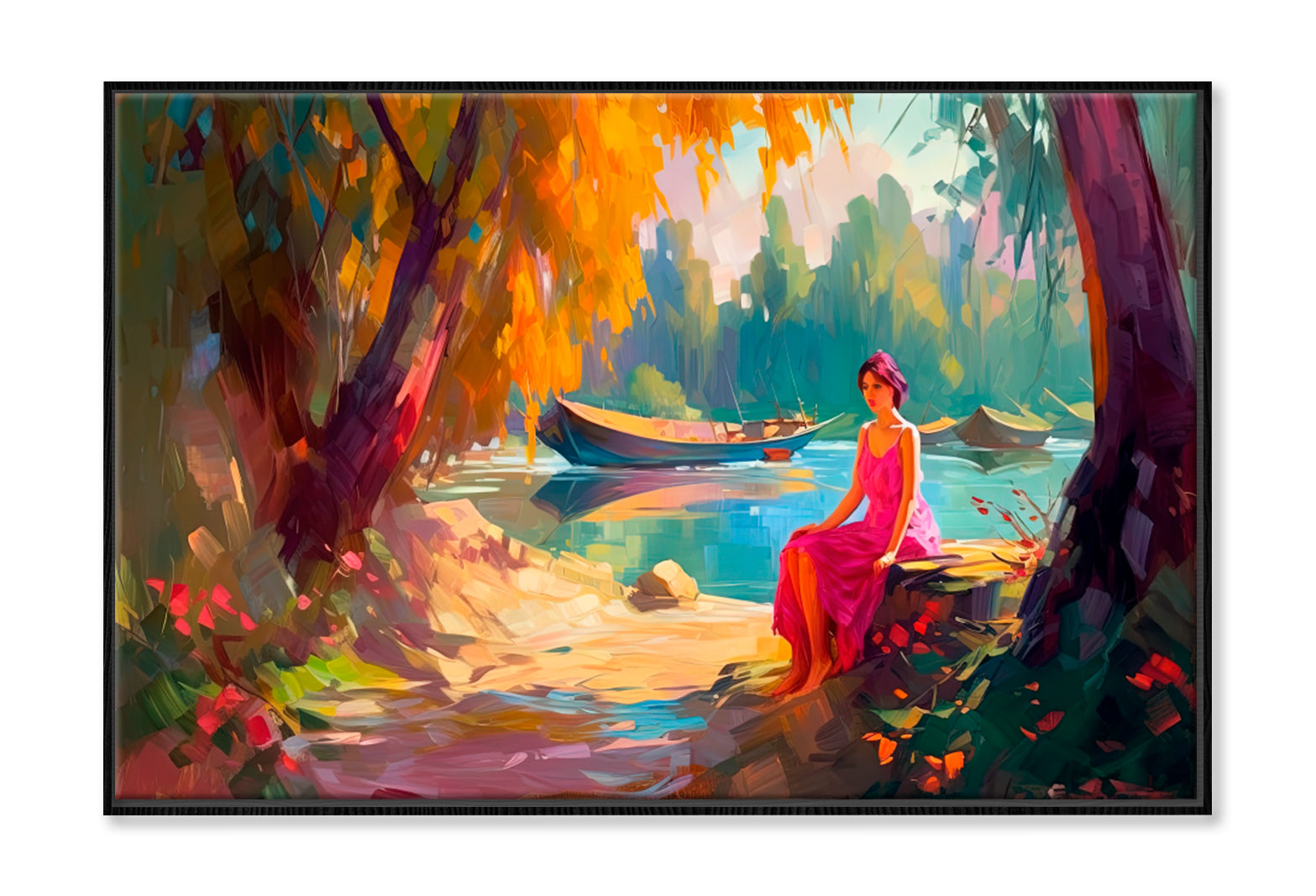 Woman Sitting On River Shore Oil Painting Wall Art Limited Edition High Quality Print Canvas Box Framed Black