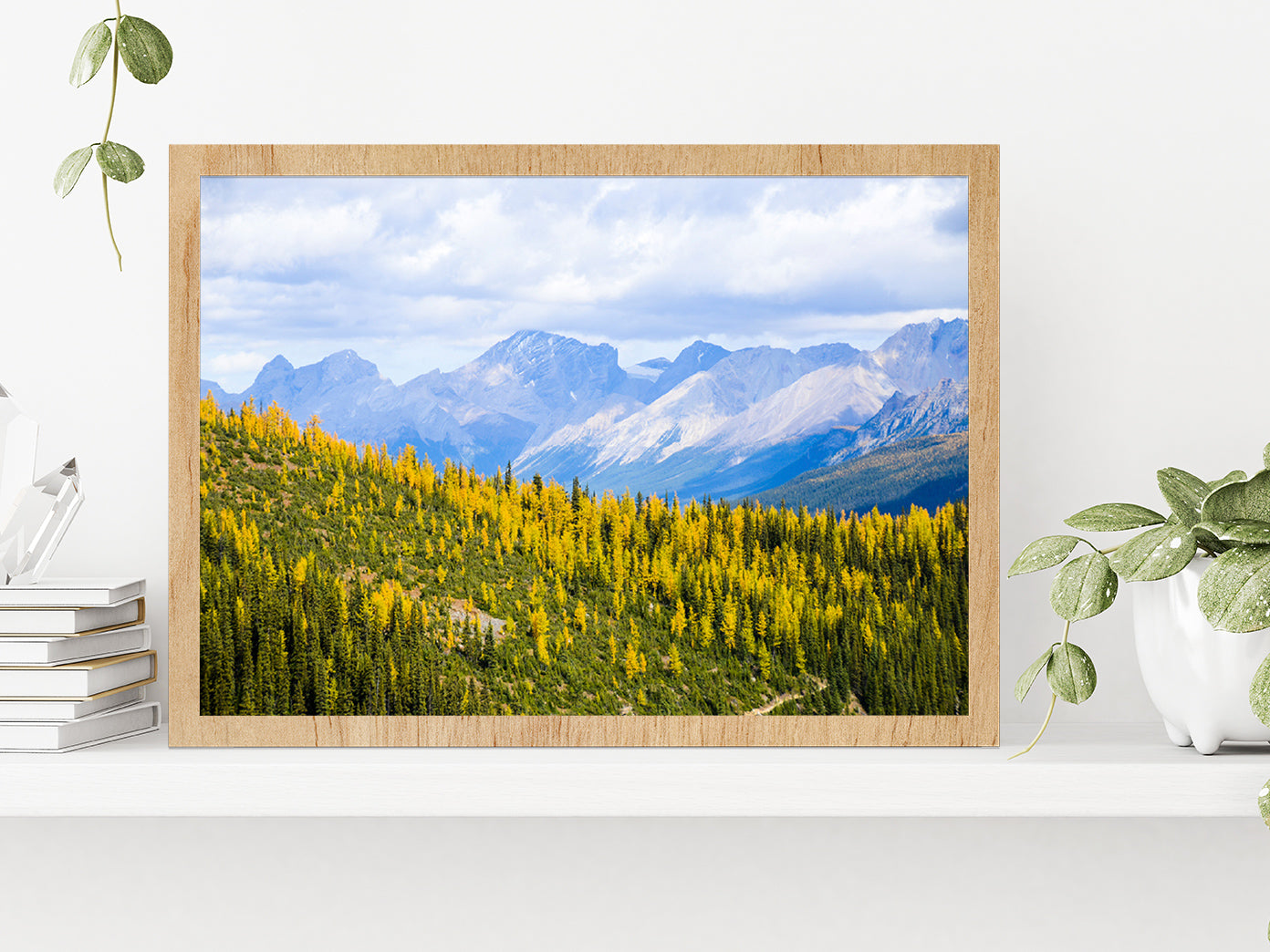 Yellow Leaves Mountain In Autumn Glass Framed Wall Art, Ready to Hang Quality Print Without White Border Oak