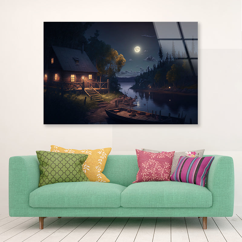 House, Trees, Lake at Night Acrylic Glass Print Tempered Glass Wall Art 100% Made in Australia Ready to Hang