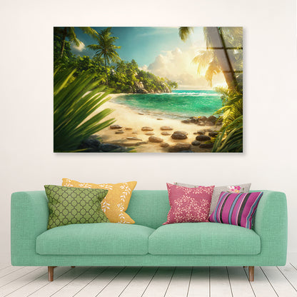 Beach with Palm Tree Acrylic Glass Print Tempered Glass Wall Art 100% Made in Australia Ready to Hang