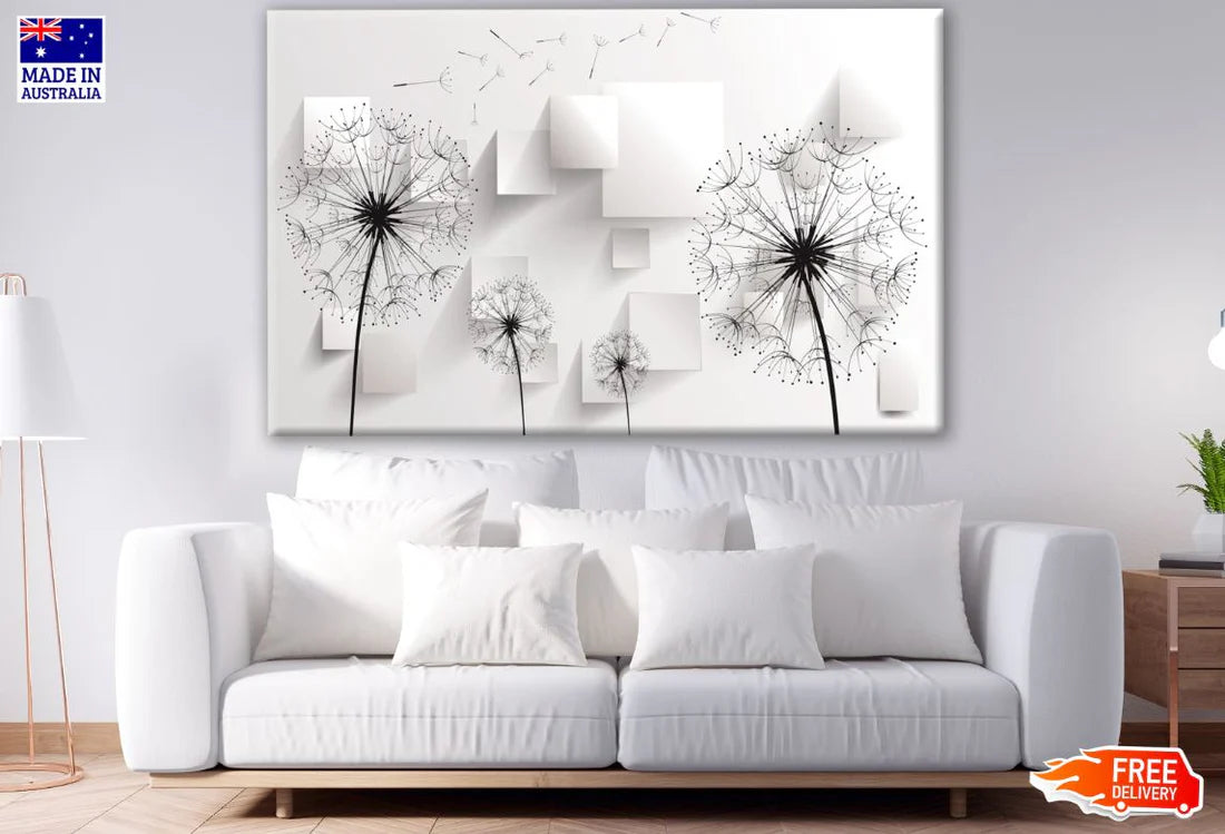 line art Minimalist Modern Dandelion Flowers Black & White 90x60cm Print 100% Australian Made