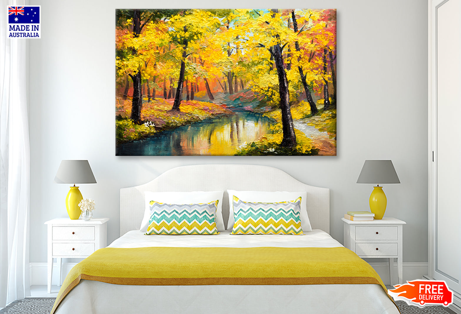 Autumn Trees With Lake In Forest Oil Painting Wall Art Limited Edition High Quality Print