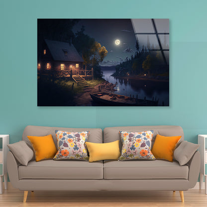 House, Trees, Lake at Night Acrylic Glass Print Tempered Glass Wall Art 100% Made in Australia Ready to Hang