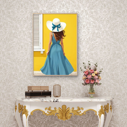 Elegant Woman in Blue Dress and Wide-Brimmed Hat Fashion Home Decor Premium Quality Poster Print Choose Your Sizes