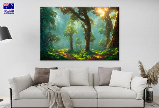 Morning Fairy Forest Sun Foliage Tree Trunks Wall Art Decor 100% Australian Made