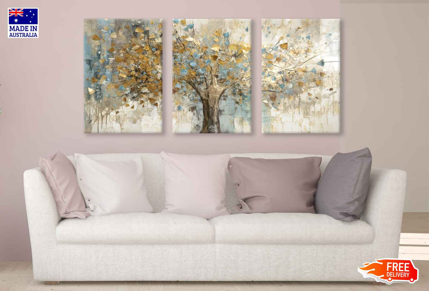 3 Set of Abstract Gold Tree High Quality Print 100% Australian Made Wall Canvas Ready to Hang