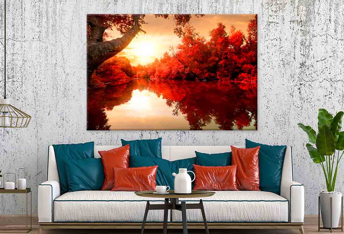 Red Leaves on Trees, Autumn River  Wall Art Decor 100% Australian Made