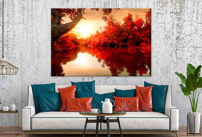 Red Leaves on Trees, Autumn River  Wall Art Decor 100% Australian Made