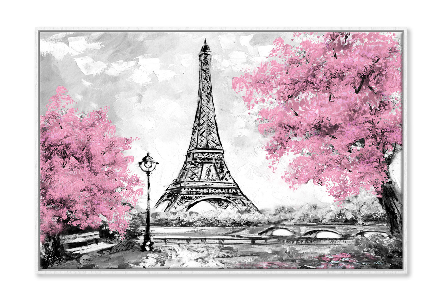 Eiffel Tower & Blossom Pink Trees Watercolor Painting Wall Art Limited Edition High Quality Print Canvas Box Framed White