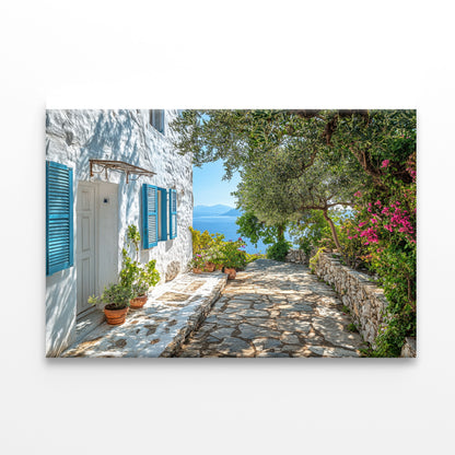 A White House with Blue Shutters and a Blue Door Print 100% Australian Made