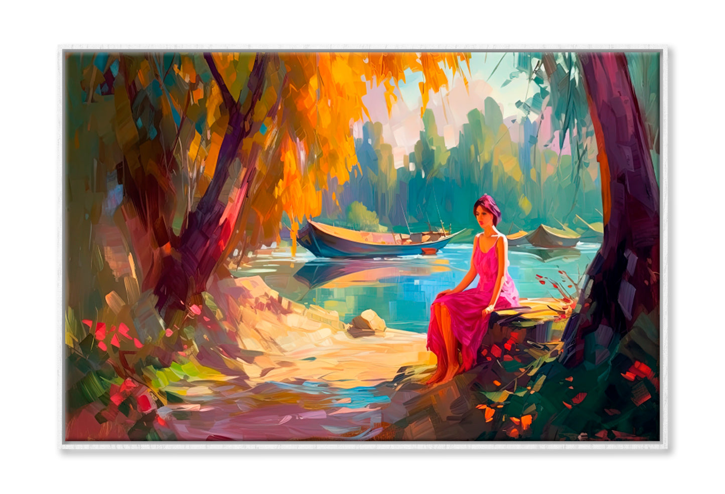 Woman Sitting On River Shore Oil Painting Wall Art Limited Edition High Quality Print Canvas Box Framed White