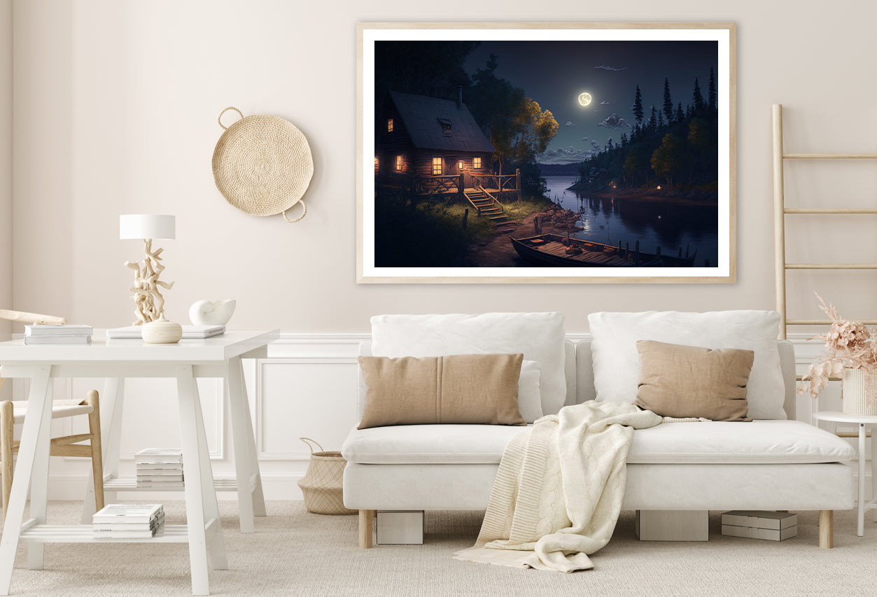 House, Trees, Lake at Night Home Decor Premium Quality Poster Print Choose Your Sizes