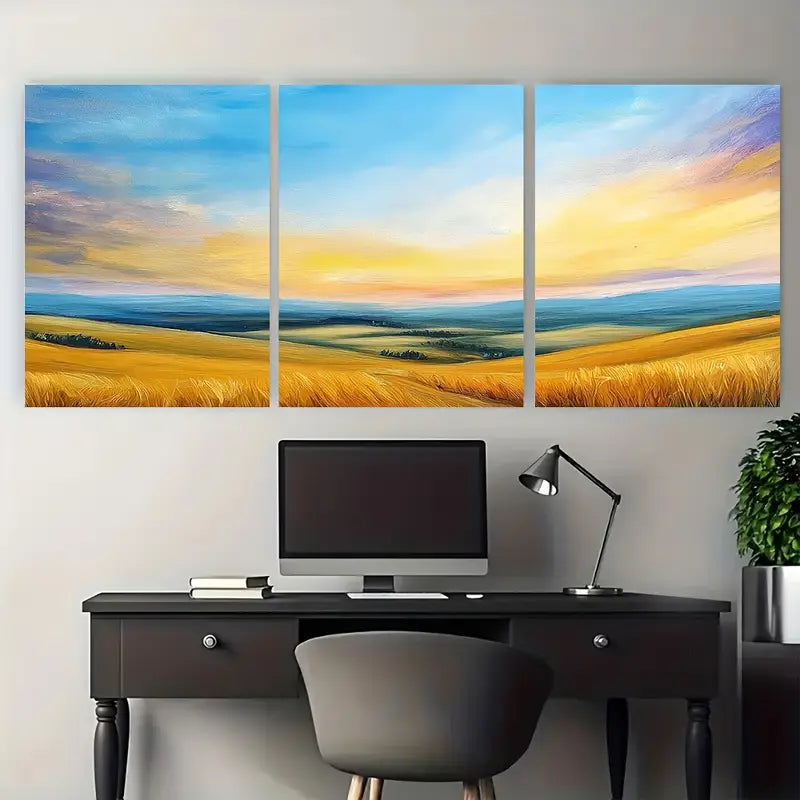 3pcs Peaceful Countryside at Dusk Fields Metal Print Ready to Hang Art