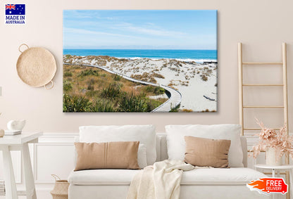 Sand Beach with Wooden Walking Path and Coast Skyline Background Wall Art Decor 100% Australian Made