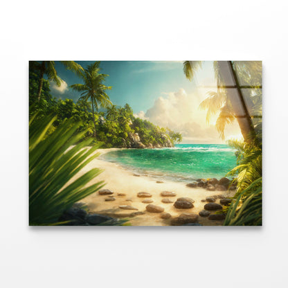 Beach with Palm Tree Acrylic Glass Print Tempered Glass Wall Art 100% Made in Australia Ready to Hang