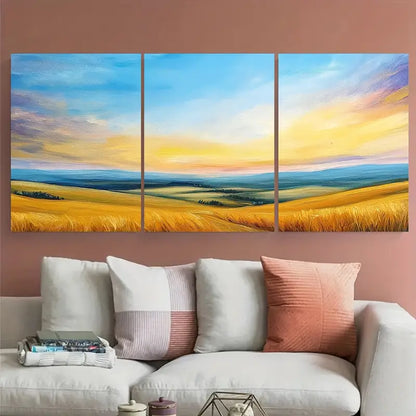 3pcs Peaceful Countryside at Dusk Fields Metal Print Ready to Hang Art