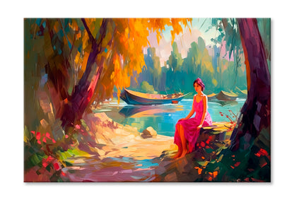 Woman Sitting On River Shore Oil Painting Wall Art Limited Edition High Quality Print Stretched Canvas None