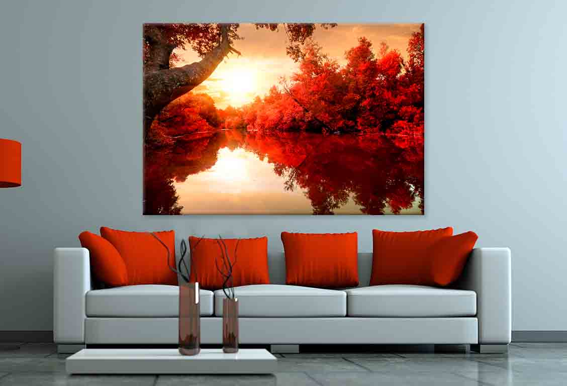 Red Leaves on Trees, Autumn River  Wall Art Decor 100% Australian Made