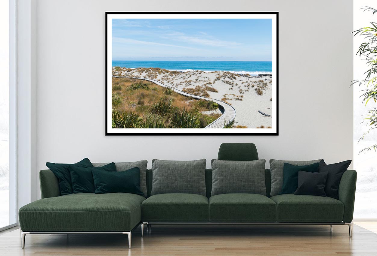 Sand Beach with Wooden Walking Path and Coast Skyline Background Home Decor Premium Quality Poster Print Choose Your Sizes