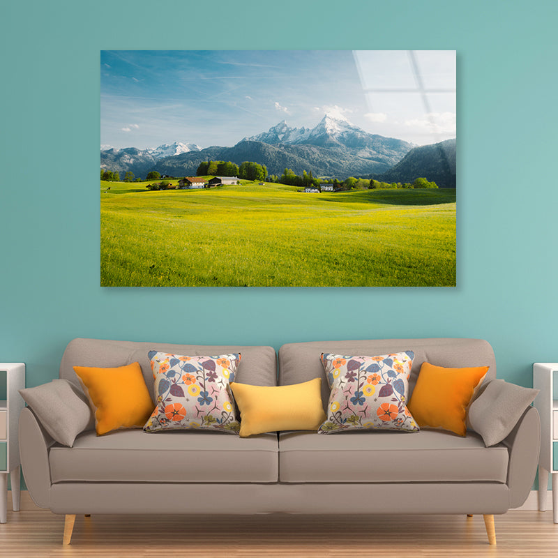 A Field Of Grass in the Foreground and Mountains Acrylic Glass Print Tempered Glass Wall Art 100% Made in Australia Ready to Hang