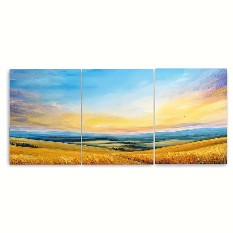 3pcs Peaceful Countryside at Dusk Fields Metal Print Ready to Hang Art