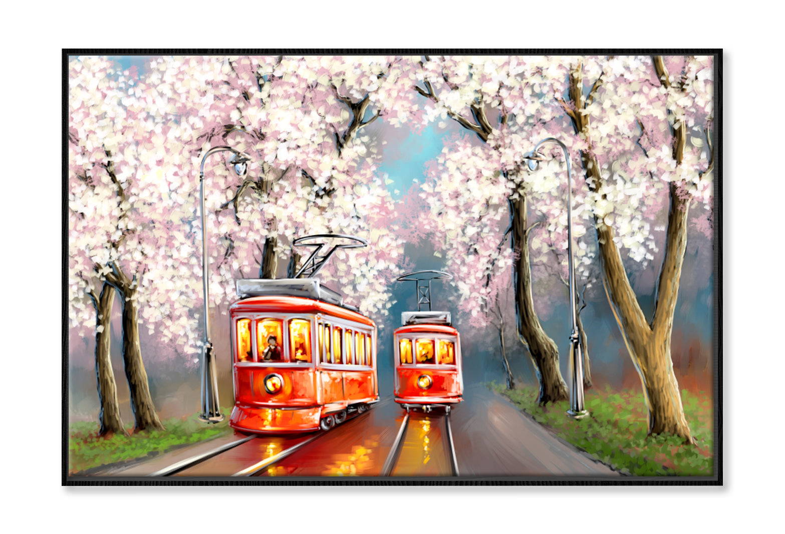 Tram Spring Oil Painting Wall Art Limited Edition High Quality Print Canvas Box Framed Black