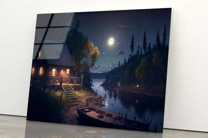 House, Trees, Lake at Night Acrylic Glass Print Tempered Glass Wall Art 100% Made in Australia Ready to Hang