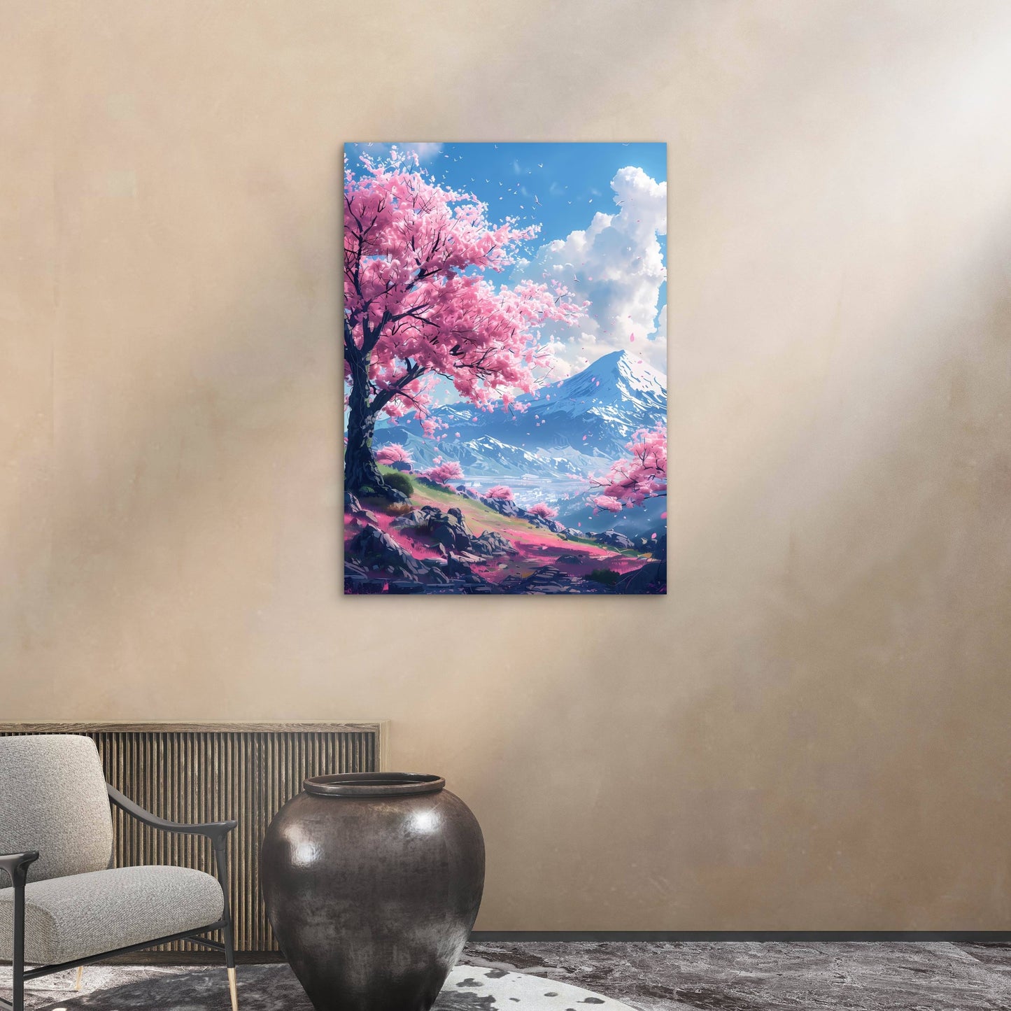 Mount Fuji Sakura Spring Valley 60x90cm Metal Print Ready to Hang