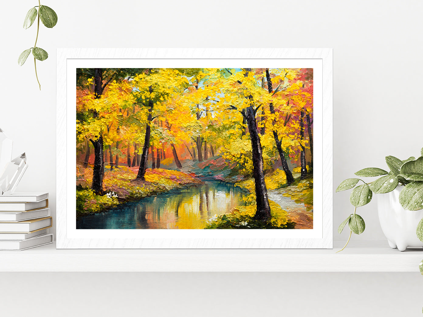 Autumn Trees With Lake In Forest Oil Painting Glass Framed Wall Art, Ready to Hang Quality Print With White Border White