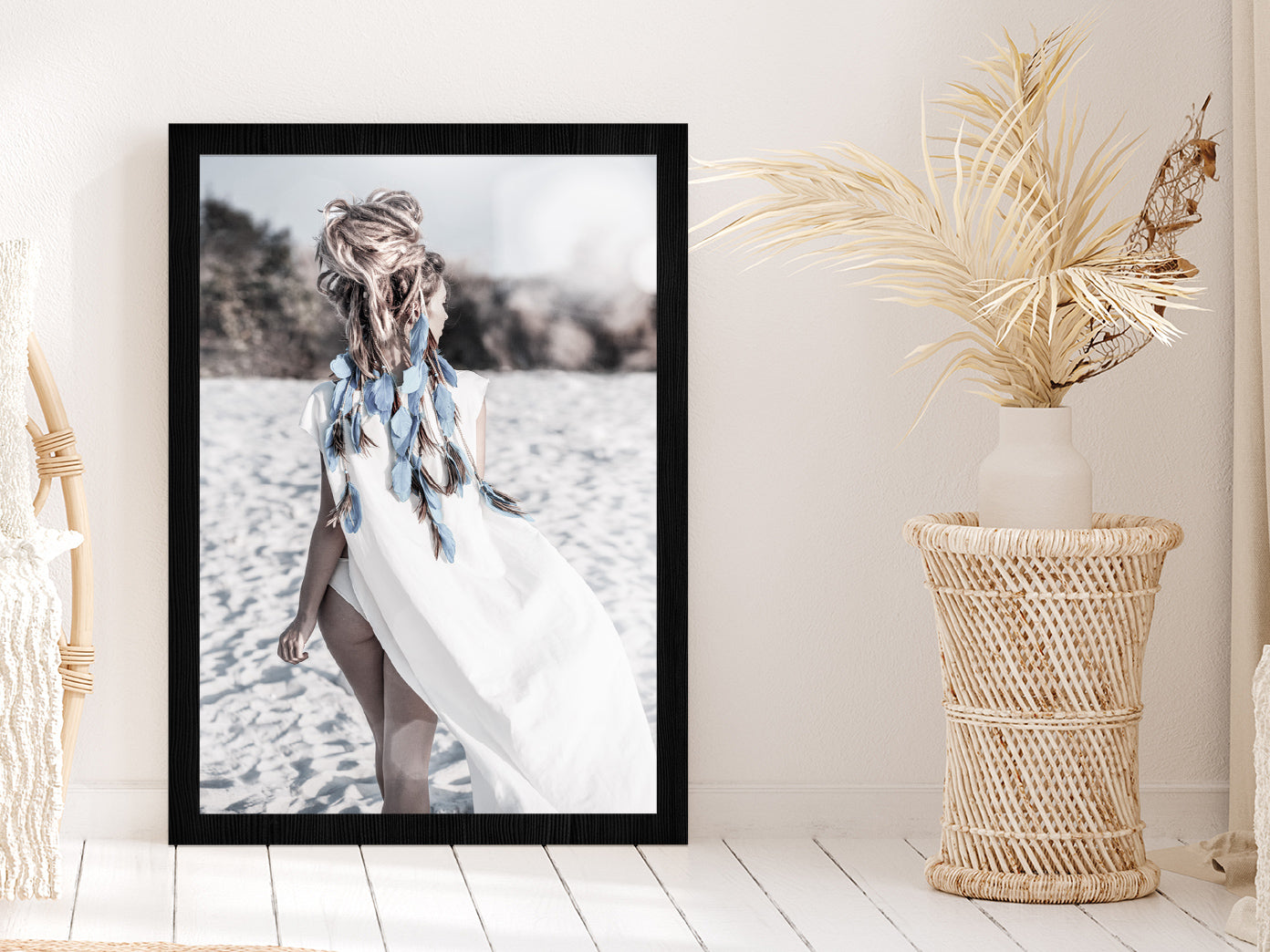 Girl on Sand Beach View Photograph Glass Framed Wall Art, Ready to Hang Quality Print Without White Border Black