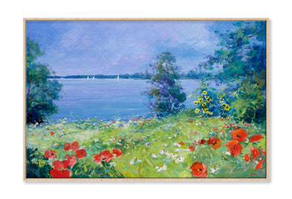 Red Poppies, White Marguerites & Sunflowers On A Summer Meadow Oil Painting Limited Edition High Quality Print Canvas Box Framed Natural