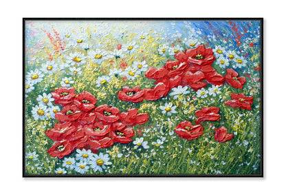 Red & White Flowers with Leaves Oil Painting Wall Art Limited Edition High Quality Print Canvas Box Framed Black