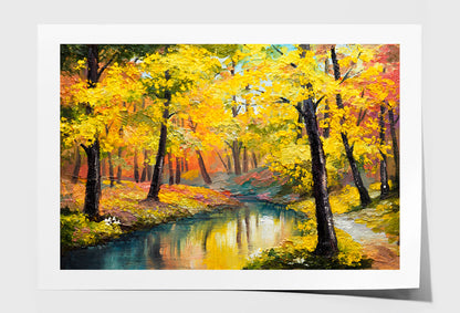 Autumn Trees With Lake In Forest Oil Painting Wall Art Limited Edition High Quality Print Unframed Roll Canvas None