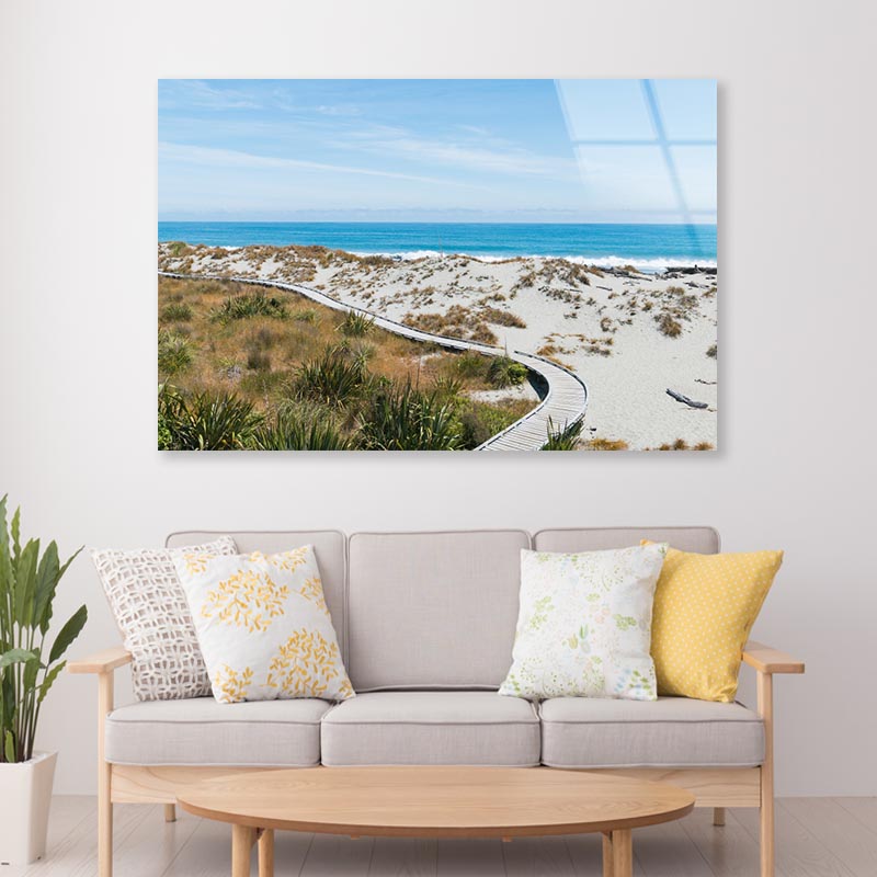 Sand Beach with Wooden Walking Path and Coast Skyline Background Acrylic Glass Print Tempered Glass Wall Art 100% Made in Australia Ready to Hang