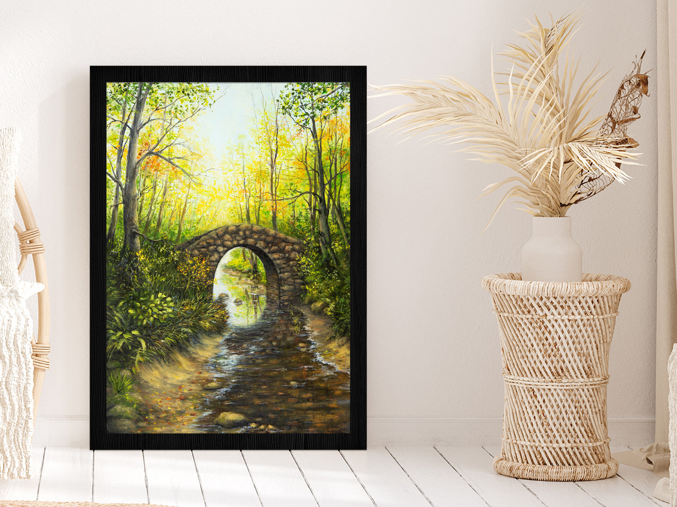 Forest Lake with Bridge Spring Glass Framed Wall Art, Ready to Hang Quality Print Without White Border Black