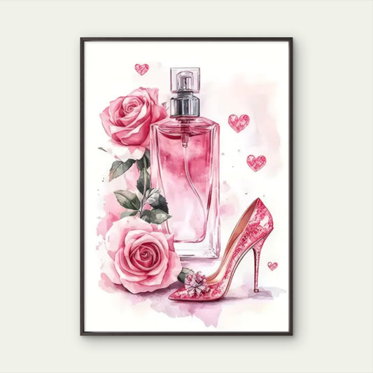 Watercolor Pink Perfume with Heels and Roses Painting Fashion Home Decor Premium Quality Poster Print Choose Your Sizes