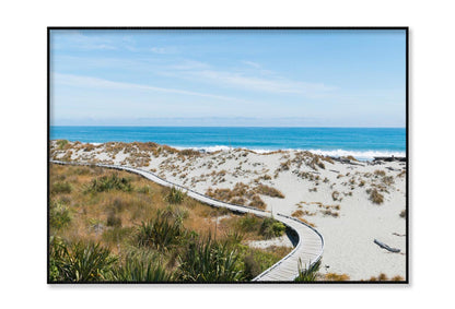 Sand Beach with Wooden Walking Path and Coast Skyline Background Home Decor Premium Quality Poster Print Choose Your Sizes