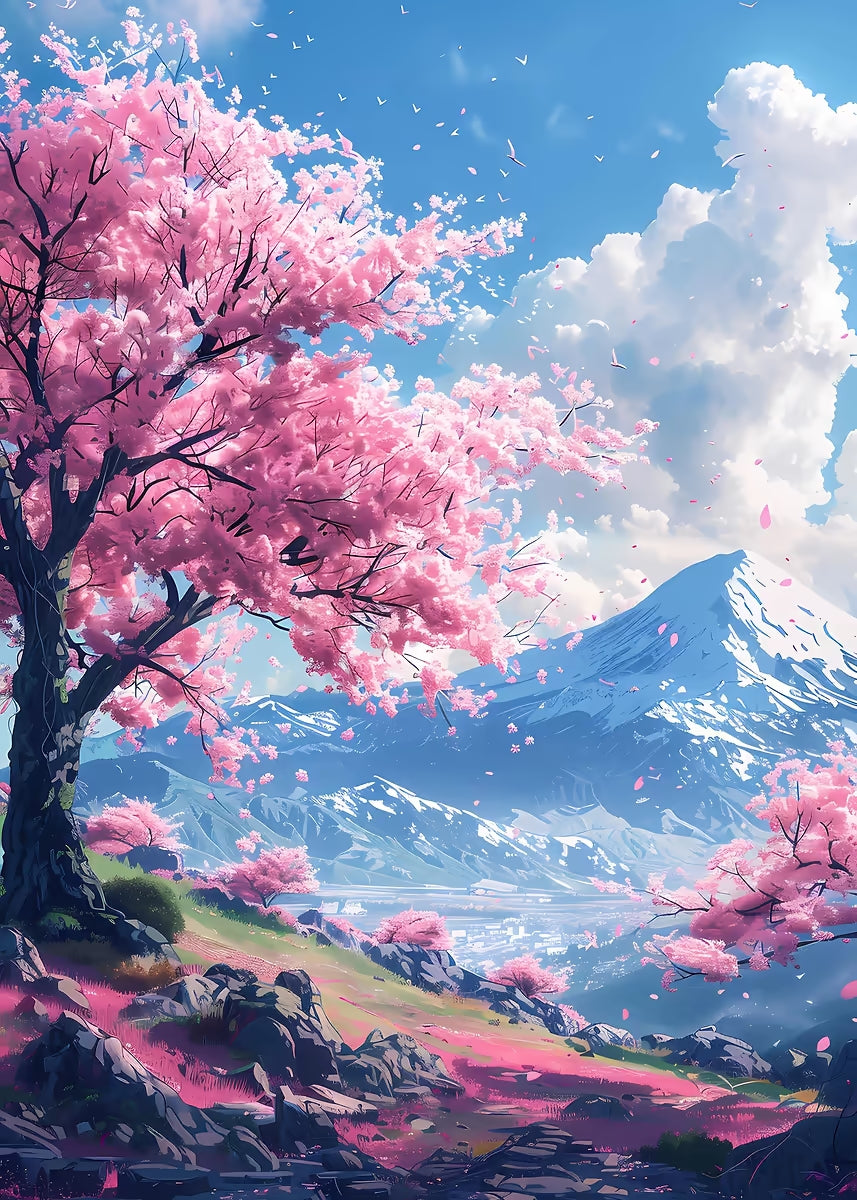 Mount Fuji Sakura Spring Valley 60x90cm Metal Print Ready to Hang