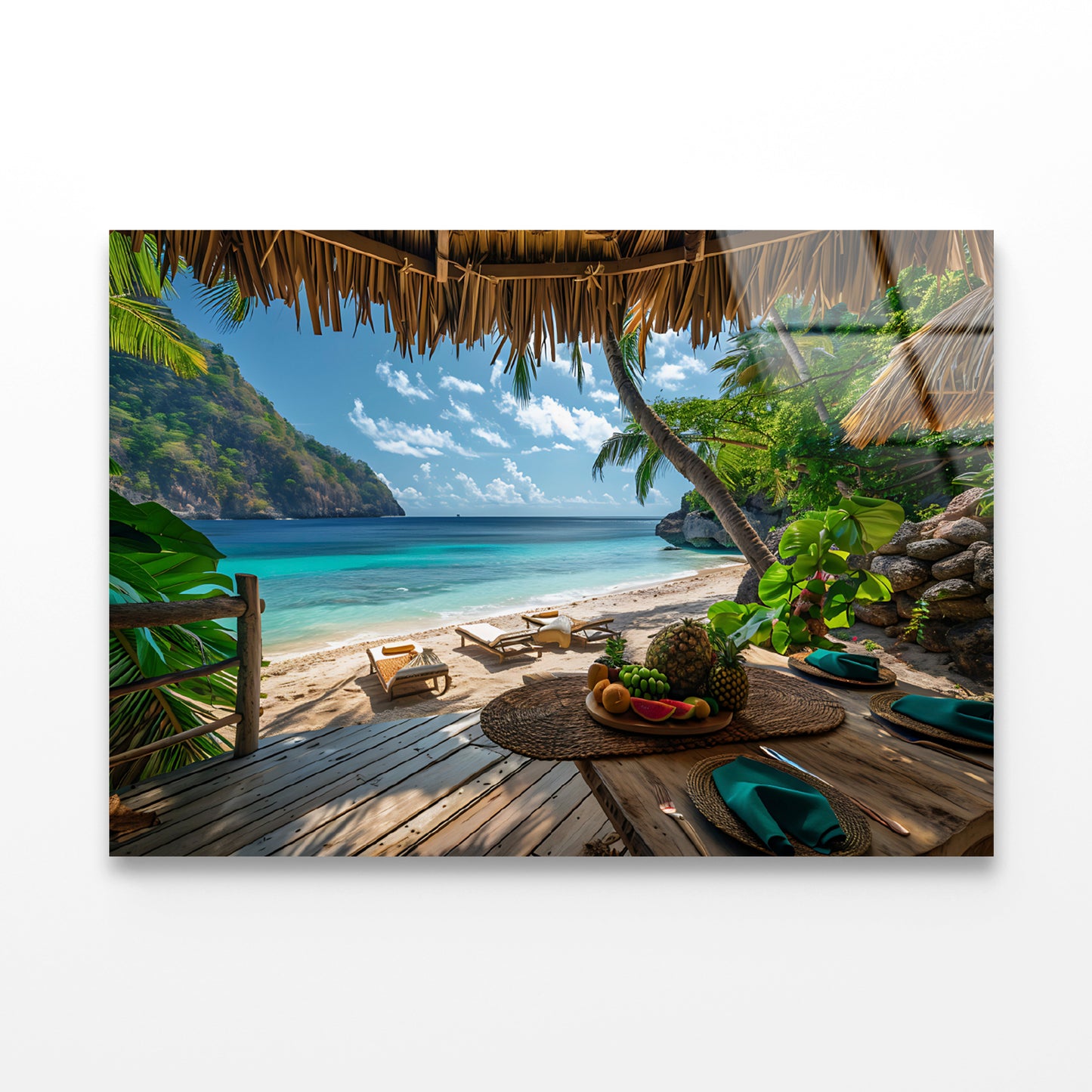 Table with Fruit and a Straw Umbrella on a Beach Acrylic Glass Print Tempered Glass Wall Art 100% Made in Australia Ready to Hang