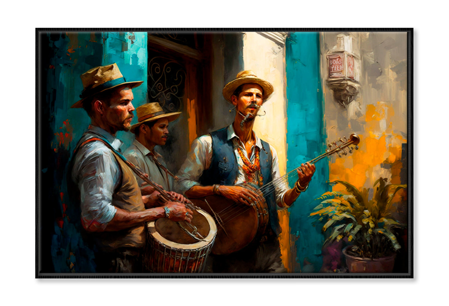 Jazz Band Havana Street Oil Painting Wall Art Limited Edition High Quality Print Canvas Box Framed Black