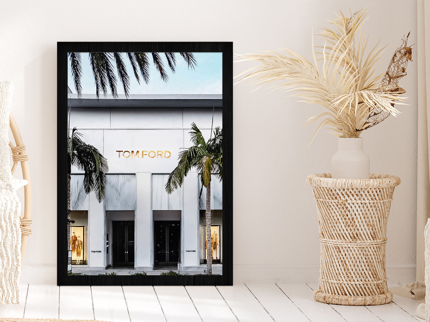 Palm Trees near Fashion Store Photograph Glass Framed Wall Art, Ready to Hang Quality Print Without White Border Black