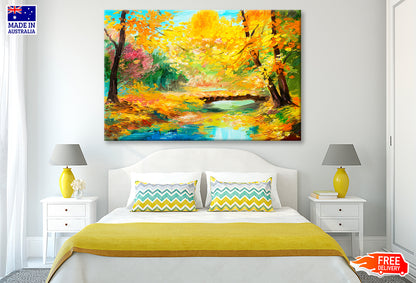 Colorful Autumn Forest With River Oil Painting Wall Art Limited Edition High Quality Print