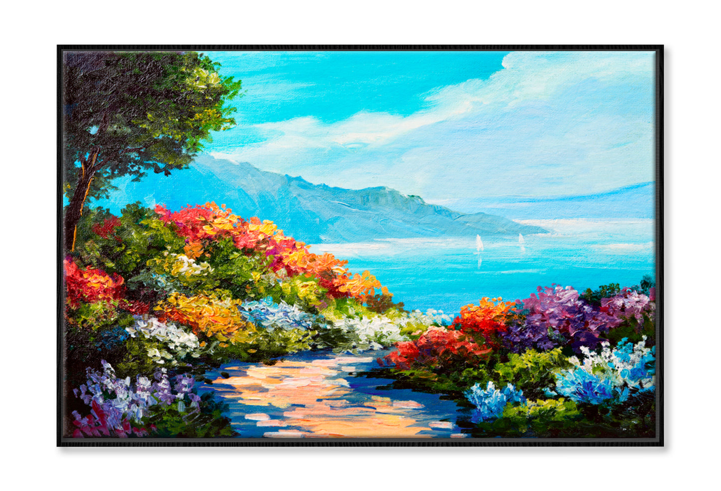 Colorful Flowers, Summer Seascape Oil Painting Limited Edition High Quality Print Canvas Box Framed Black