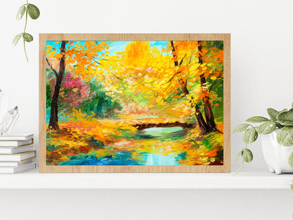 Colorful Autumn Forest With River Glass Framed Wall Art, Ready to Hang Quality Print Without White Border Oak