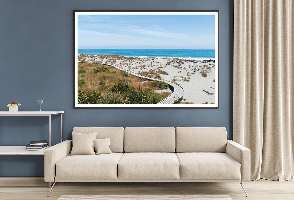 Sand Beach with Wooden Walking Path and Coast Skyline Background Home Decor Premium Quality Poster Print Choose Your Sizes