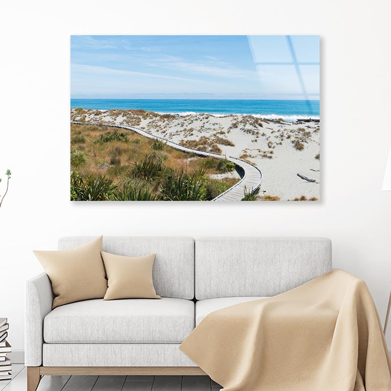 Sand Beach with Wooden Walking Path and Coast Skyline Background Acrylic Glass Print Tempered Glass Wall Art 100% Made in Australia Ready to Hang